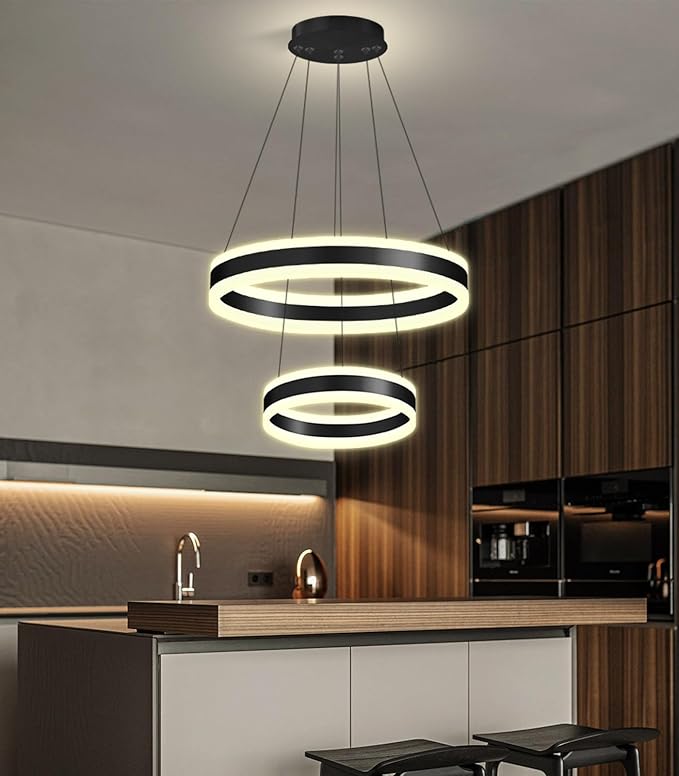 D7.8''+15.7'' Modern Ring Chandelier for Dining Room LED Dimmable Pendant Lighting for Living Room Foyer Bedroom Entryway 3000K-6000K Black