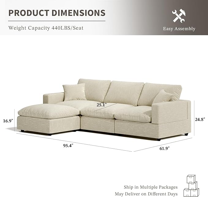 Cloud Couches for Living Room, 95.4" 4-Seater L Shaped Modular Sectional Sofa, Convertible Cloud Sofa with Ottoman, Down Filled Wide & Deep Seat, Removable Washable Cushion Covers