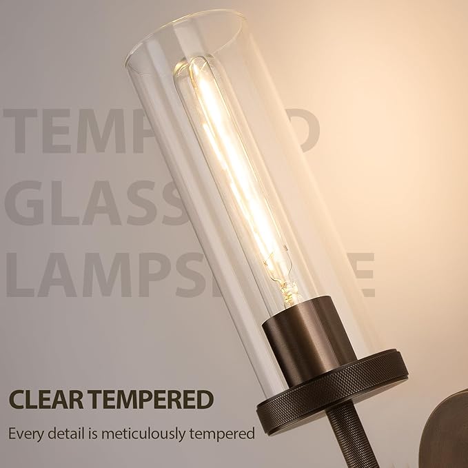 15" Knurled Brass Wall Sconce with Clear Glass Tube, Bronze Bathroom Vanity Light Fixtures, Modern Lamp Lighting for Bedroom, Living Room, Hallway, Staircase, Mirror, Kitchen