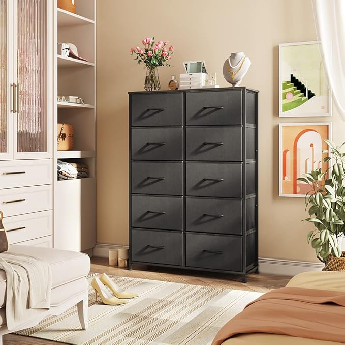 WLIVE Tall Black Dresser for Bedroom with 10 Drawers, Chest of Drawers, Dressers Bedroom Furniture, Storage Organizer Unit with Fabric Bins for Closet, Hallway, Living Room, Entryway