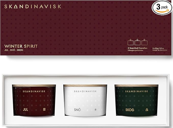 Skandinavisk Winter Spirit Giftset of 3 Scented Candles. Skog 'Forest', JUL 'Christmas', and SNÖ 'Snow'. Vegan Formula. 3 x 3.17 oz. Gift Set