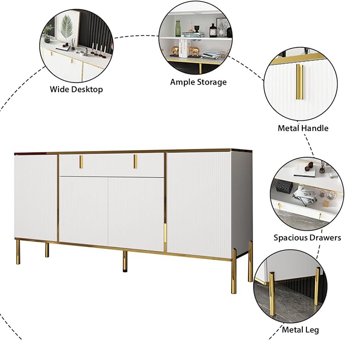 FAMAPY Modern Credenza Sideboard Buffet with Drawer & Pop-Up Doors, Buffet Sideboard Storage Cabinet with Gold Metal Legs, for Living Room Hallway White and Gold (63”W x 15.7”D x 31.5”H)