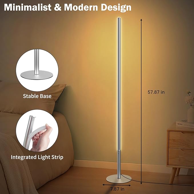 RGBW Floor Lamp, Smart LED Corner Lamp with WiFi APP Remote Control, Compatible with Alexa, 2700k-6500k Color Changing Standing Lamp for Bedroom Game Room, Modern Floor Lamp for Living Room Silver
