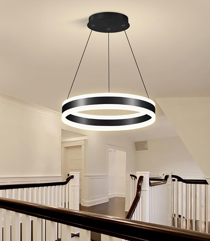 D15.7'' Modern Ring Chandelier for Dining Room LED Dimmable Pendant Lighting High Ceiling Chandelier for Living Room Foyer Bedroom Entryway 3000K-6000K Black