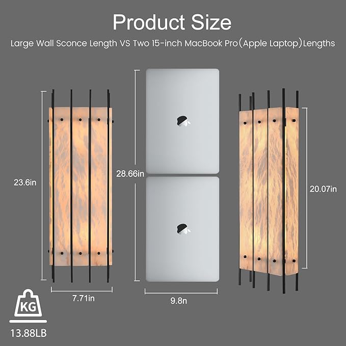 Modern Alabaster Wall Sconces,24in Large Rectangular Marble Wall Sconce,Black Sconces Wall Lighting Indoor,Hardwired Alabaster Sconce for Living Room,Dining,Bedroom,Stairs,Foyer,Large Bathroom