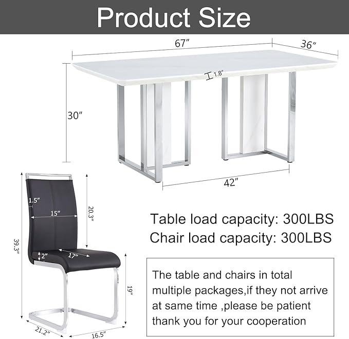 67'' Modern Dining Table Set for 6,White Kitchen Table Set,Luxury Dining Table Set with 1.8-inch Thick Faux Marble Table Top＆6 Pu Leather Upholstered Chairs Ideal for Dining kicken Room