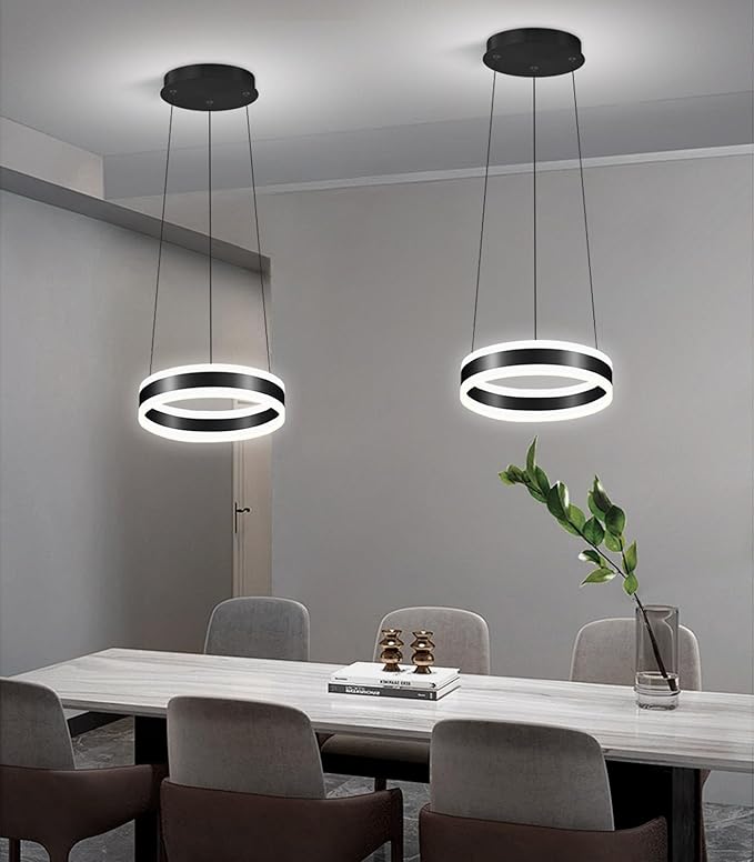 D7.8'' Modern Ring Chandelier for Dining Room LED Dimmable Pendant Lighting High Ceiling Chandelier for Living Room Foyer Bedroom Entryway 3000K-6000K Black