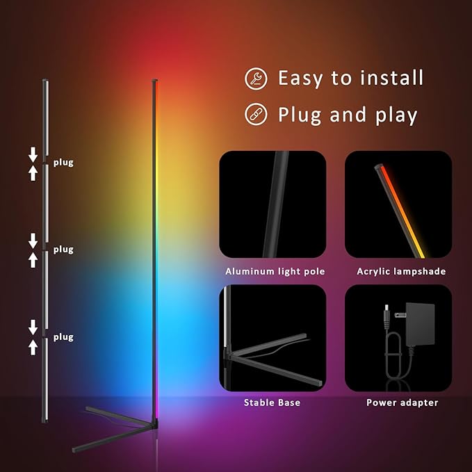 Corner Floor Lamp 2 Pack, LED Lamps with Remote, RGB Standing Lamp, LED Light Stick, Music Sync Dimmable Color Changing Ambient Light Bar for Bedroom, Living Room, Gaming Room, Party, Dorm