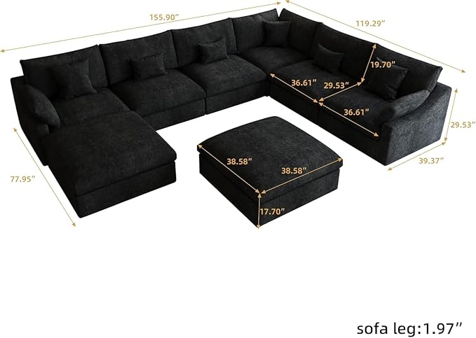 Cloud Couch Modular Sectional Sofa,160" U Shaped Couch, Convertible Wide Seater with Ottoman, 8 Seater for Living Room Set,Covers Washable&Replaceable,Black