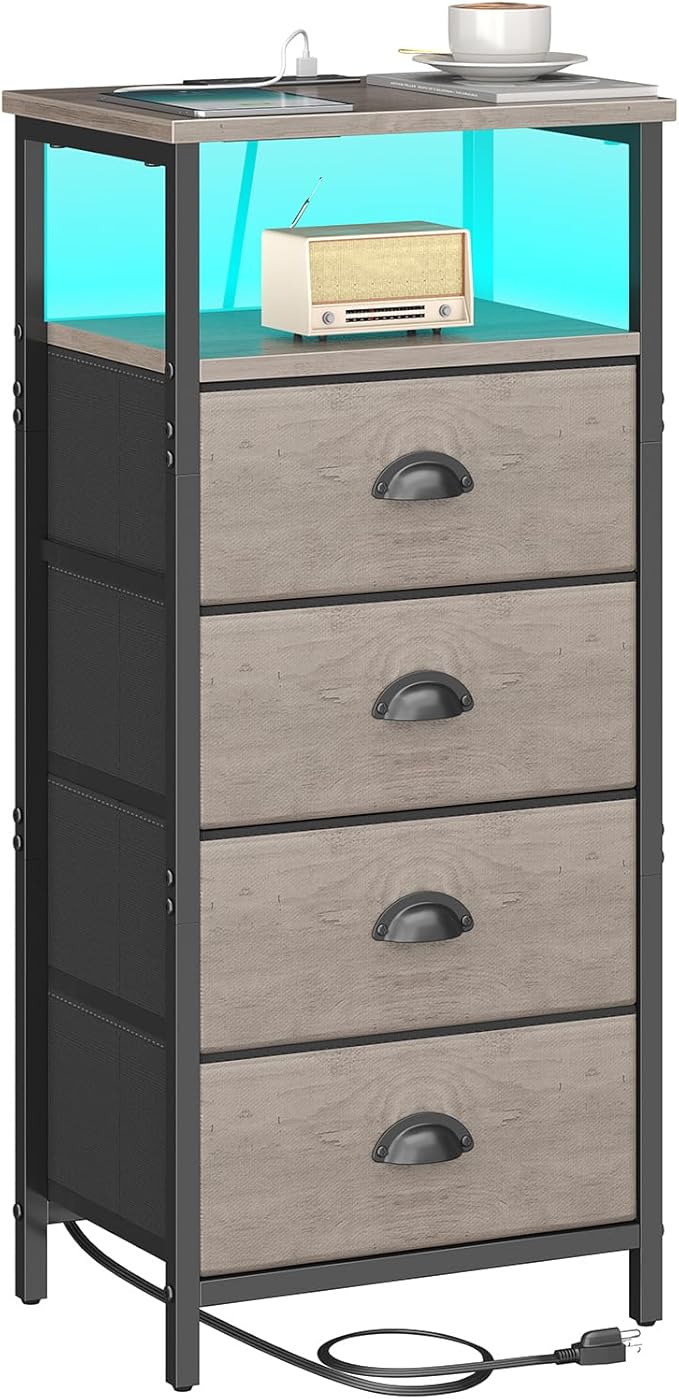 Nightstand with Charging Station,LED Grey Nightstand with 4 Fabric Drawers, Bedside End Tables, 2-Tier Open Storage Shelf Side Table Nightstand with Drawers for Bedroom,Grey