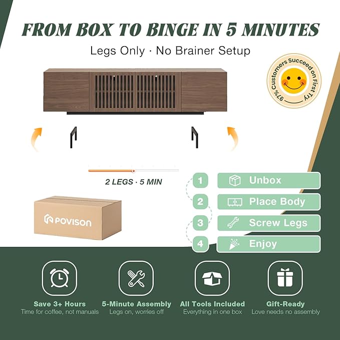 POVISON Full Assembled Mid-Century Modern TV Stand with Slatted Doors, Wood Media Console for 65-75 Inch TV, TV Console with Tall-cast Metal Legs, Entertainment Center with Storage for Living Room