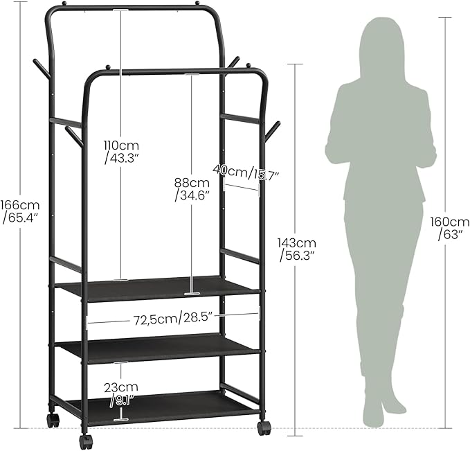 Clothes Rack, 3-Tier Rolling Garment Rack, Dual-Rod Clothing Rack with Hooks and Wheels, Y-Shaped, Freestanding Clothing Hanging Organizer, for Bedroom, Living Room, Laundry Room Black TYM07BB