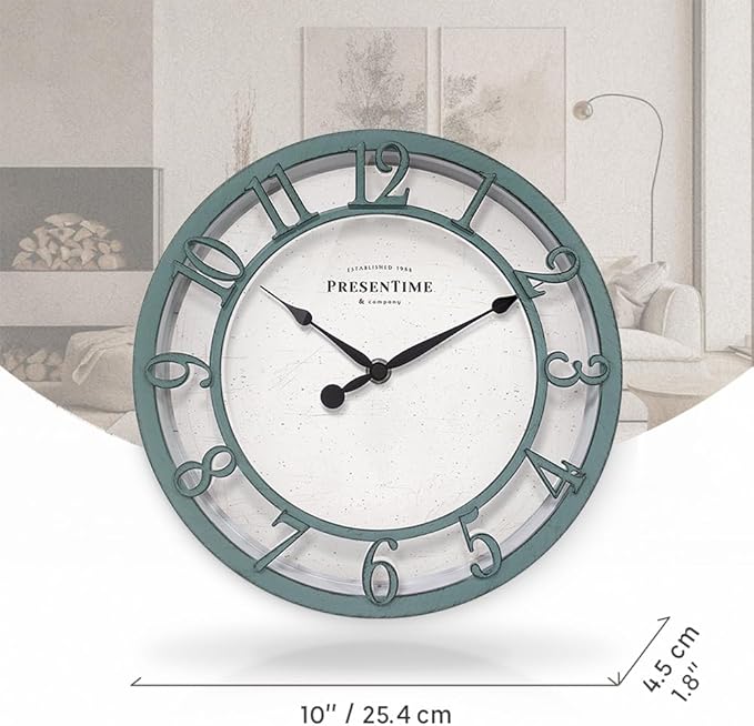 Presentime & Co 10" Farmhouse Series Wall Clock, Shiplap Style, Silent No Ticking, Raised 3D Arabic Numeral, Aged Teal Finish
