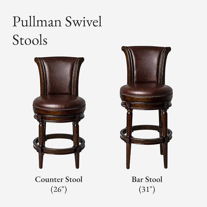 Maven Lane Pullman Counter Stool 26 Inches – Set of 4 – Swivel Stools with Footrest – Dark Brown Solid Wood Frame & Brown Faux Leather Upholstery – Perfect for Kitchen Islands & Counters