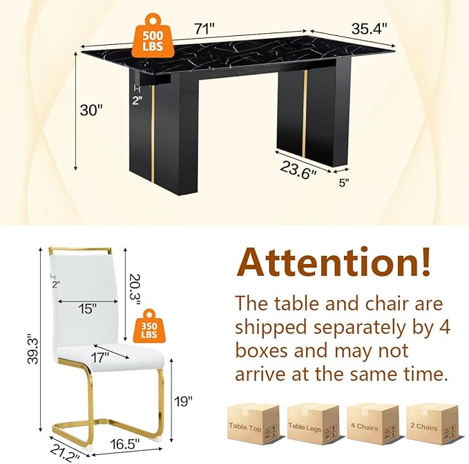71'' Dining Table Set for 6，7 Piece Dining Table Set, Faux Marble Dining Room Table and PU Leather Chairs Set of 6 for Kitchen, Dining Room,Easy to Assemble