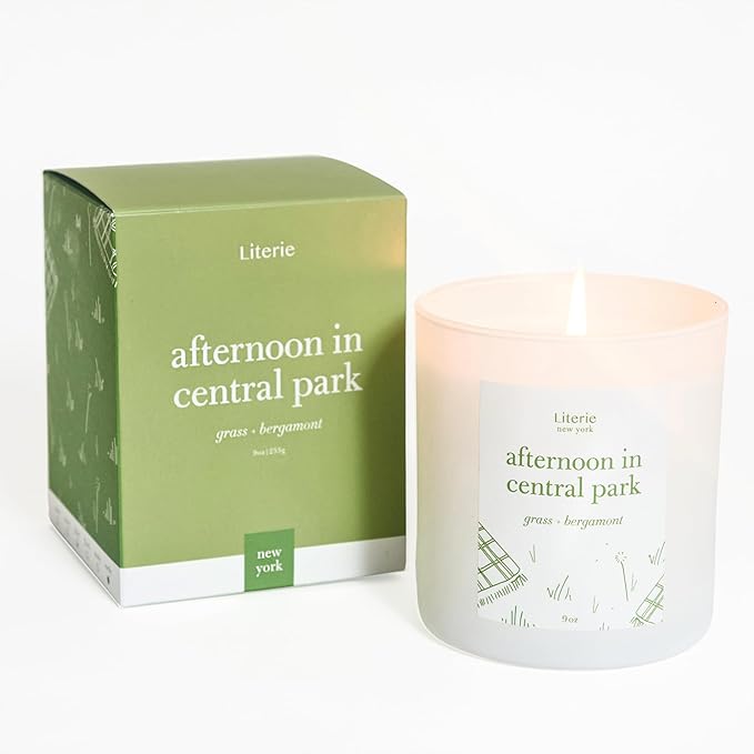 Literie NYC Inspired Scented Candle: Afternoon in Central Park - Grass & Bergamot Scent, 9oz, 50 Hour Burn, Vegan Soy & Coconut Blend Candle for Home Decor, Gift for Women & Men