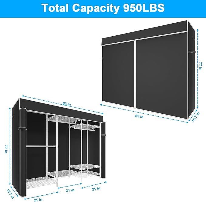 Ulif E13C Heavy Duty Closet Organizer System，Freestanding Clothing Racks for Hanging Clothes，Adjustable Garment Rack 63" W x 16" D x 77" H Hold 960 lbs，White Clothing Rack with Black Dustproof Cover