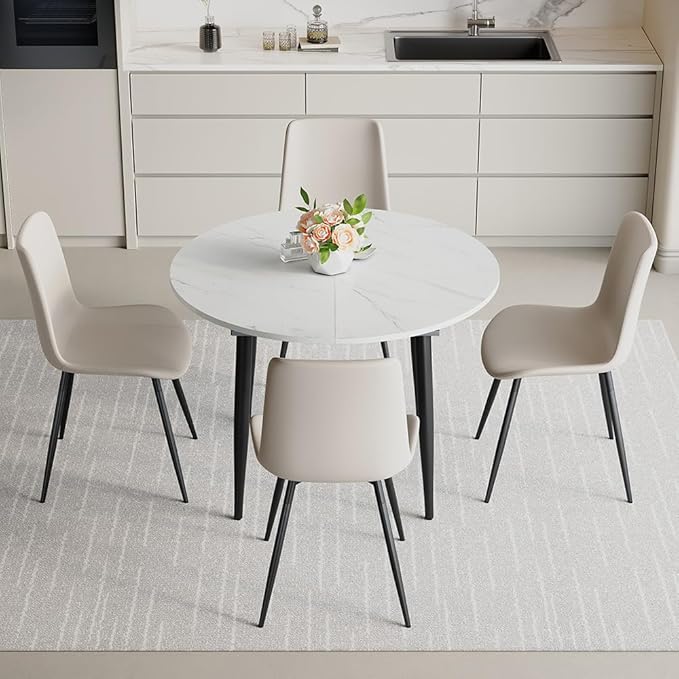 42"-54" Extendable Dining Room Table Set for 4, Oval-Round Dining Table Set for 4, White Kitchen Table with Upholstered Chairs Set of 4, 5 Piece Dining Table Set for Small Spaces, Easy Assembly