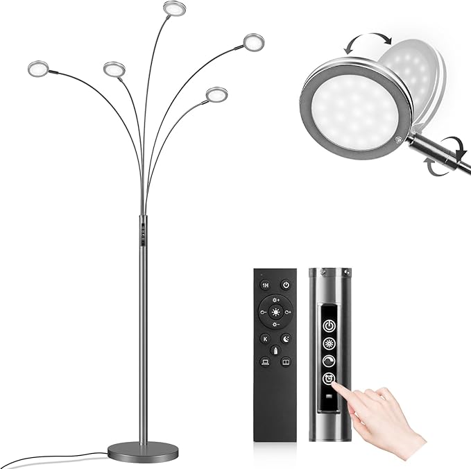 LED Arc Floor Lamp with Remote, 2250LM Dimmable Black Chrome Floor Lamp with Timer, Adjustable Colors, Brightness & 5 Adjustable Arms, Multi-Head Tall Tree Standing Lamp for Living Room Bedroom Office
