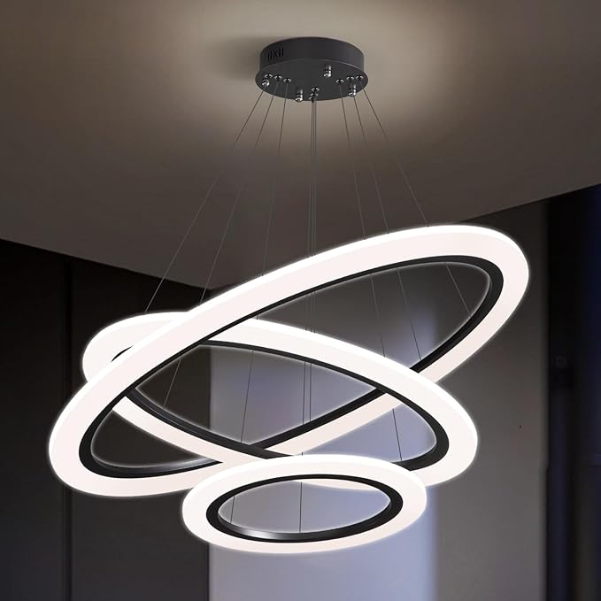 Modern LED Chandelier 3 Ring Chandelier for Dining Room Living Room Pendant Lighting High Ceiling Hanging Light Fixture for Bedroom Foyer Black