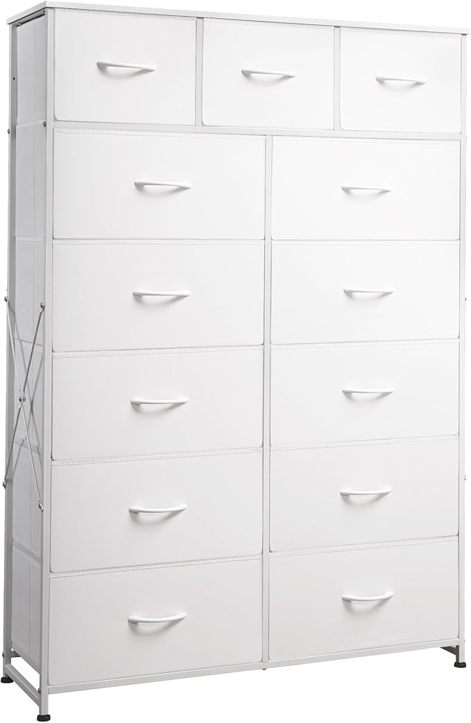 WLIVE Storage Organizer Unit with 13 Fabric Bins, Storage Drawers Organizer with Steel Frame, Tall Storage Tower Organizaton for Living Room, Hallway, Office, White