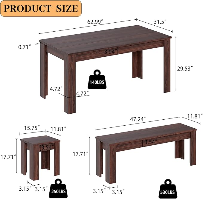 62.9" Wooden Dining Table with Bench and 2 Stools, Modern Kitchen Table and Chairs Set for 4 or 5 Person, Thickened MDF Wooden Table for Dining Room, Kitchen