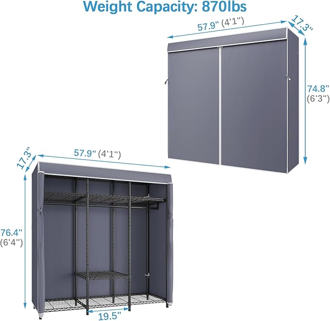 VIPEK V30C Clothes Rack with Cover, Heavy Duty Garment Rack with Oxford Fabric Cover, Portable Closet with Adjustable Shelves & Hang Rods, Freestanding Wardrobe Metal Closet Rack for Hanging Clothes