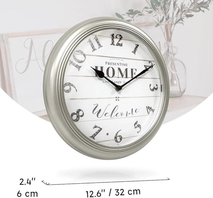 Presentime & Co. 12.6" Illuminated Farmhouse Wall Clock, Silent Battery Operated Night Light Wall Clock with Smart LED Sensor for Living Room, Bathroom, Kitchen, Home Office, Morning Silver