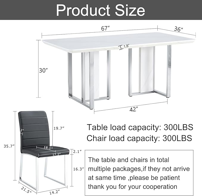 67'' Modern Dining Table Set for 6,White Kitchen Table Set,Luxury Dining Table Set with 1.8-inch Thick Faux Marble Table Top＆6 Pu Leather Upholstered Chairs Ideal for Dining kicken Room