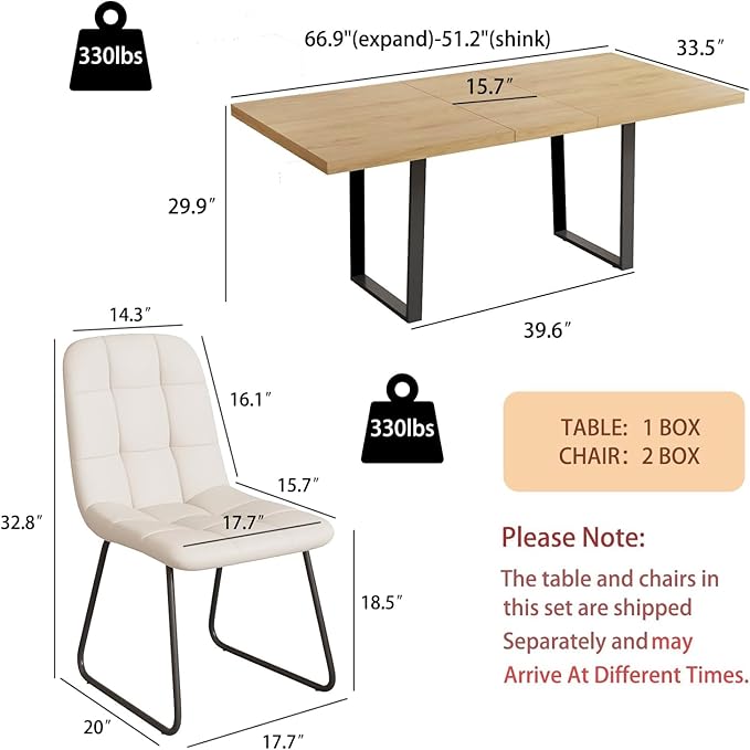 ZckyCine 51"-67" Extendable Dining Table Set for 4-6, Oak Finish Kitchen Table with 6 PU Leather Chairs, Scratch-Resistant MDF Board & Sturdy Metal Legs, Modern Dining Room Furniture