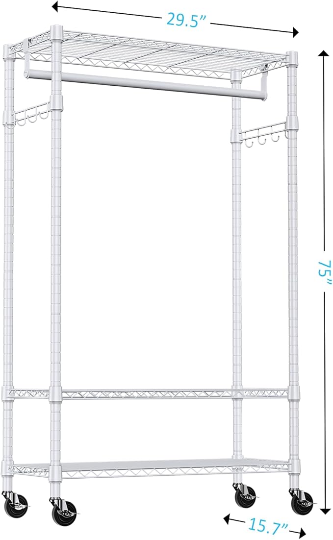 IZEUK Heavy Duty Rolling Garment Rack with 3 Adjustable Wire Shelves, Hanging Rod & Side Hooks - Mobile Clothes Rack with Wheels, 29.5" W x 15.7" D x 75" H, White