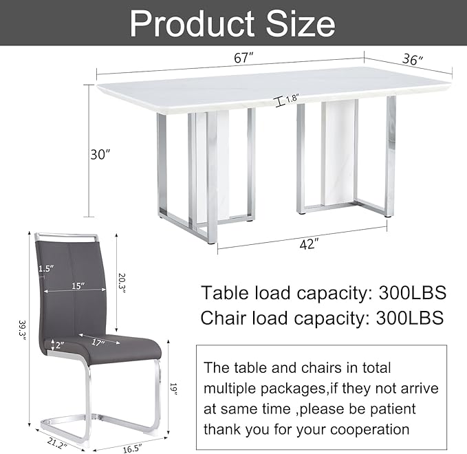 67'' Modern Dining Table Set for 6,White Kitchen Table Set,Luxury Dining Table Set with 1.8-inch Thick Faux Marble Table Top＆6 Pu Leather Upholstered Chairs Ideal for Dining kicken Room