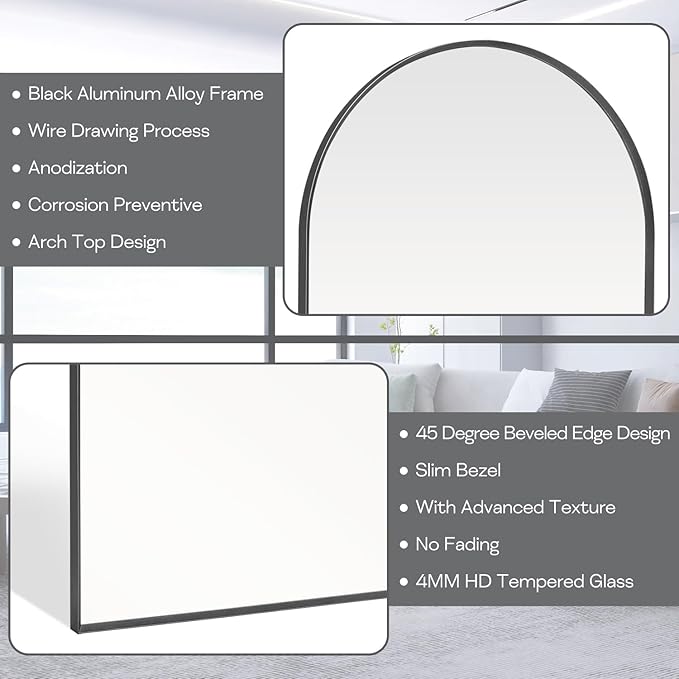 22" x 30" Black Arched Mirror, Arch Wall Mirror, Metal Frame Black Bathroom Mirror, Arched Top Bathroom Vanity Mirror for Living Room, Bedroom, Entryway, Tempered Glass, Shatter Proof
