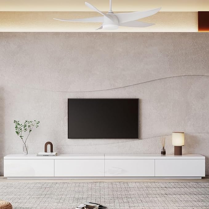 POVISON 118" Modern Solid Wood TV Stand with Storage, Fully Assembled, Large Entertainment Center 4 Drawers, TV Media Console Living Room TV Stand White