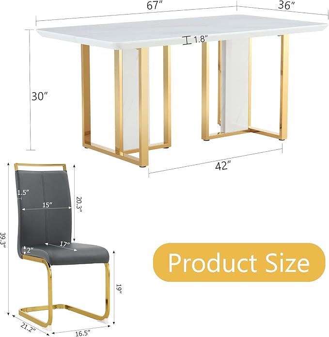 67-inch Modern Dining Table Set for 6 with 1.8 Inch Faux Marble Table Top & 6 PU Leather Chairs, White Luxury Kitchen and Dining Room Furniture Set