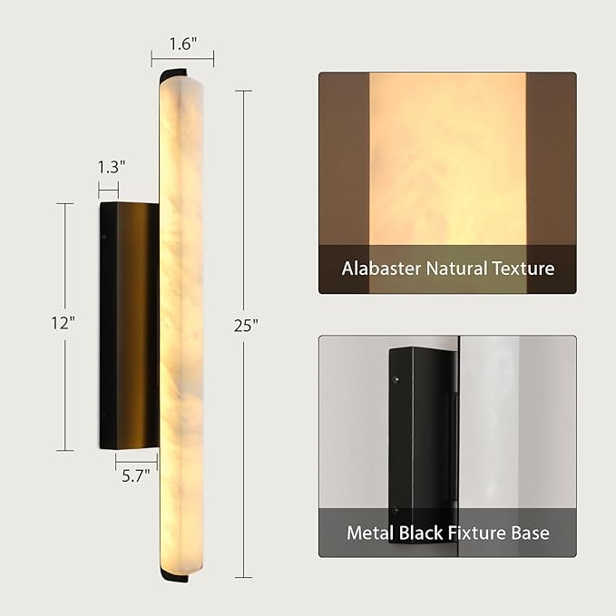 Alabaster Wall Sconces, 25" Black Alabaster Sconce, Spanish Natural Marble Wall Sconce Lamp Indoor, Rectangle Modern Sconces Lighting for Bathroom Living Room Bedroom Stairs Hallway