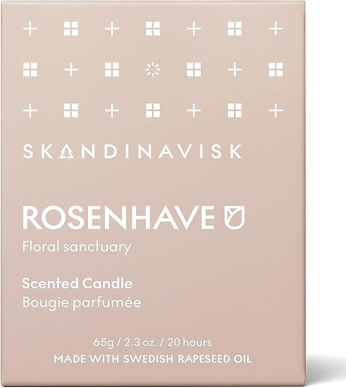 Skandinavisk ROSENHAVE 'Rose Garden' Mini Scented Candle. Fragrance Notes: Alba Rose and Elderflower, Geranium and Blackcurrant Buds. 2.3 oz.