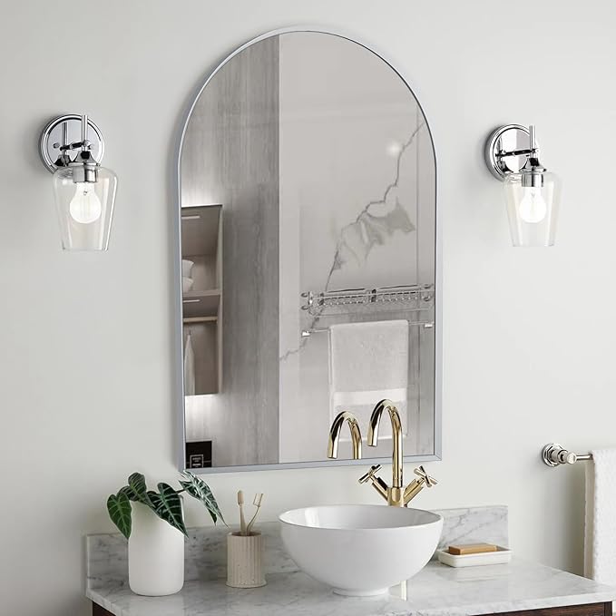 24" x 36" Silver Arched Mirror, Modern Aluminum Alloy Metal Frame, Arch Bathroom Vanity and Wall Decor Mirror for Bathroom, Living Room, Bedroom, Entryway