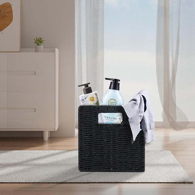 6 Pack 8.7 Inch Wicker Baskets, Hand Woven Paper Rope Storage Baskets, Foldable Cube Storage Bins Organizer Square Wicker Cubes for Shelves Pantry Organizing & Decor (Black)