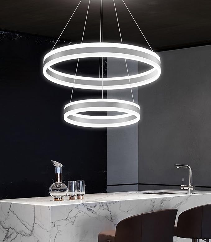 D15.7''+23.6'' Modern Ring Chandelier for Dining Room LED Dimmable Pendant Lighting Chandelier for Living Room Foyer Bedroom Entryway 3000K-6000K Silver
