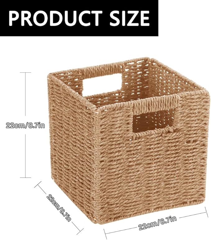 6 Pack 8.7 Inch Wicker Baskets, Hand Woven Paper Rope Storage Baskets, Foldable Cube Storage Bins Organizer Square Wicker Cubes for Shelves Pantry Organizing & Decor