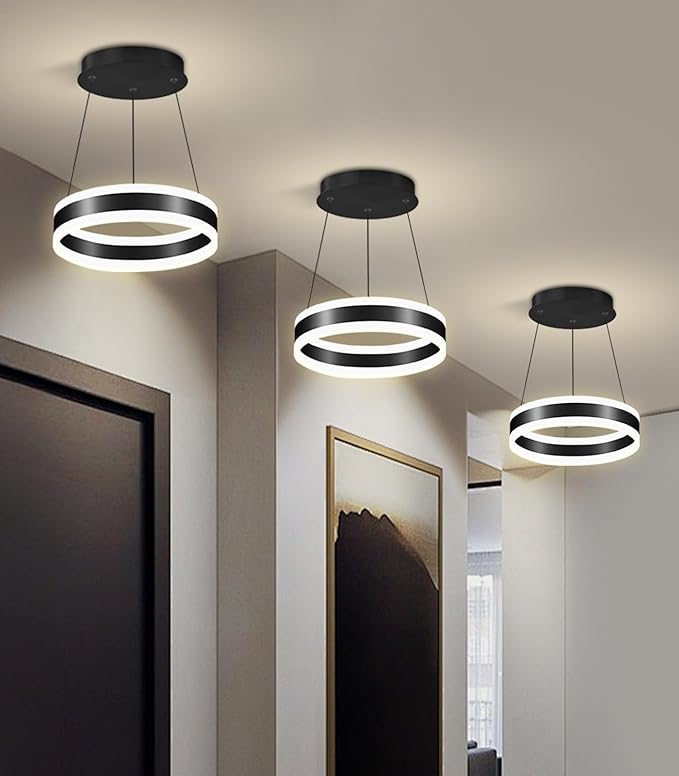 D7.8'' Modern Ring Chandelier for Dining Room LED Dimmable Pendant Lighting High Ceiling Chandelier for Living Room Foyer Bedroom Entryway 3000K-6000K Black
