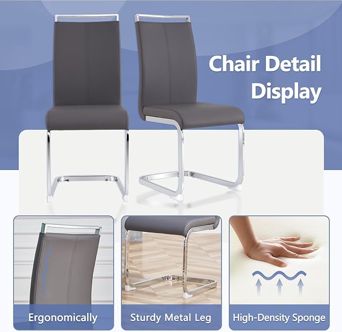 JUFU Dining Table Set for 6, 67'' Kitchen Table Chairs Set of 6 with Faux Marble Tabletop and Sturdy Leg, White Rectangle Dinner Table Set for 6 with PU Chairs, Perfect for Dining Room and Kitchen