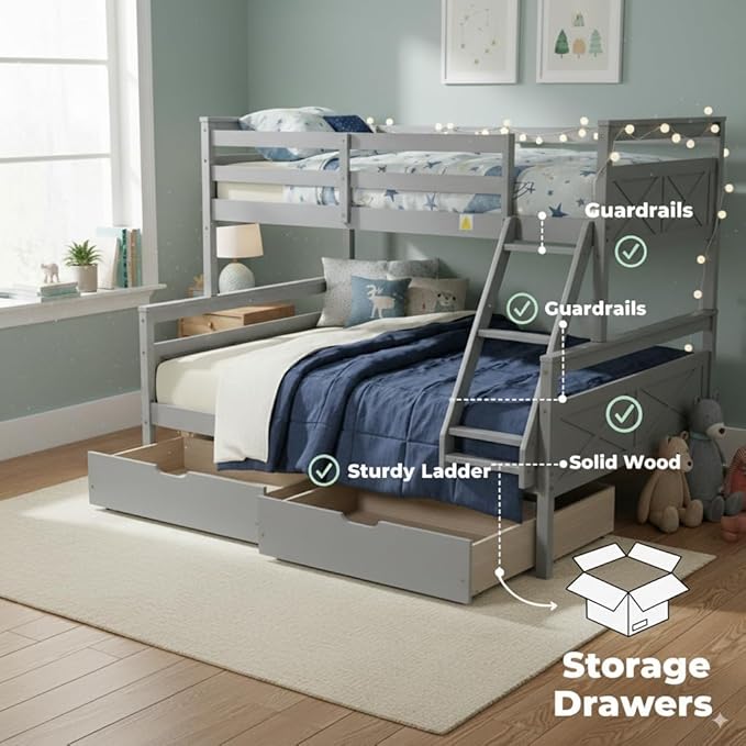 Twin Over Full Bunk Bed with Drawers, Convertible to 2 Separate Beds, Twin Bed Frame with Storage, Ladder and Safety Guardrails, No Box Spring Needed, Perfect for Kids Teens Adults Bedroom, Gray