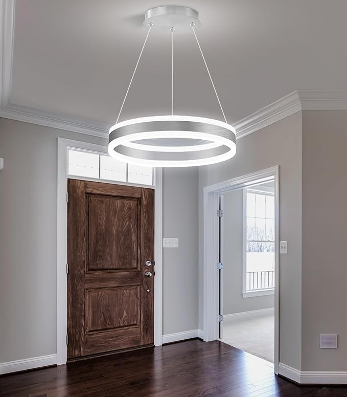 D15.7'' Modern Ring Chandelier for Dining Room LED Dimmable Pendant Lighting High Ceiling Chandelier for Living Room Foyer Bedroom Entryway 3000K-6000K Silver