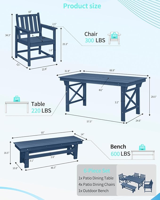 QUASCO Outdoor Patio Dining Set for 6, HDPE Dining Furniture Set with Umbrella Hole Cut-Out Table and 4 Chairs and 1 Bench, All Weather Outdoor Dining Bench Sets for Garden, Deck, Navy Blue