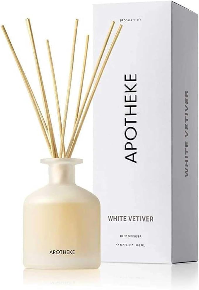 Apotheke Luxury Scented Reed Diffuser for Home, White Vetiver - 6.7 Fl Oz Essential Oil Aromatherapy - 10 Rattan Scent Sticks Room Diffuser - Long-Lasting Fragrance for Bedroom, Home, Bathroom