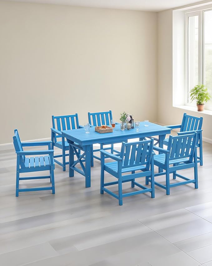 QUASCO 7-Piece Patio Dining Table Sets, Outdoor HDPE Dining Furniture Set Umbrella Hole Cut-Out Table and 6 Chairs for Backyard, Lawn, Deck and Poolside, Blue