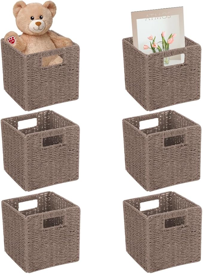 6 Pack 8.7 Inch Wicker Baskets, Hand Woven Paper Rope Storage Baskets, Foldable Cube Storage Bins Organizer Square Wicker Cubes for Shelves Pantry Organizing & Decor (Brown)