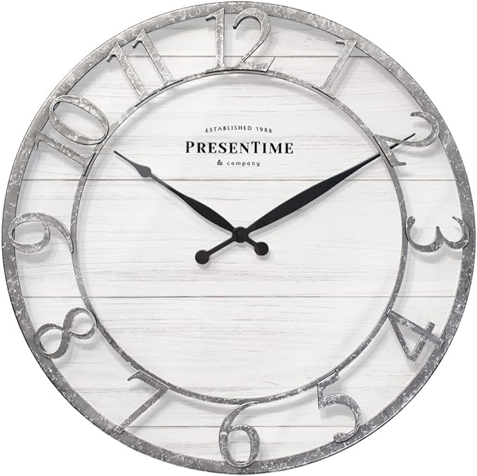 Presentime & Co 21" Farmhouse Series Wall Clock, Shiplap Style, Raised 3D Arabic Numeral, Galvanized Finish. Wall Décor for Living Room, Dining Room, and Entryway.
